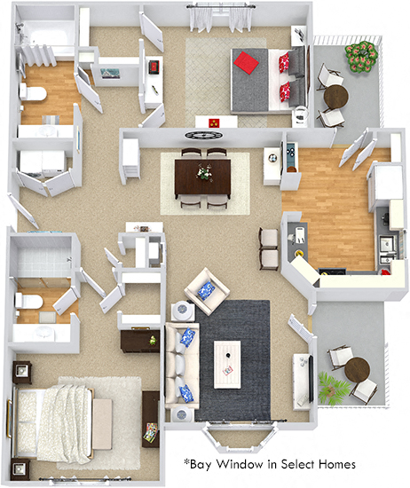 Floor plan for 2 beds, 2 baths, 1093 sqft
