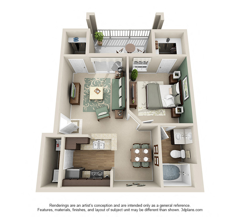Floor plan for 1 bed, 1 bath, 643 sqft