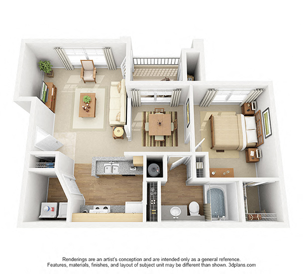 Floor plan for 1 bed, 1 bath, 751 sqft