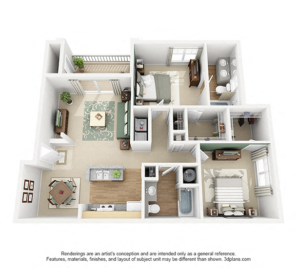 Floor plan for 2 beds, 2 baths, 1056 sqft