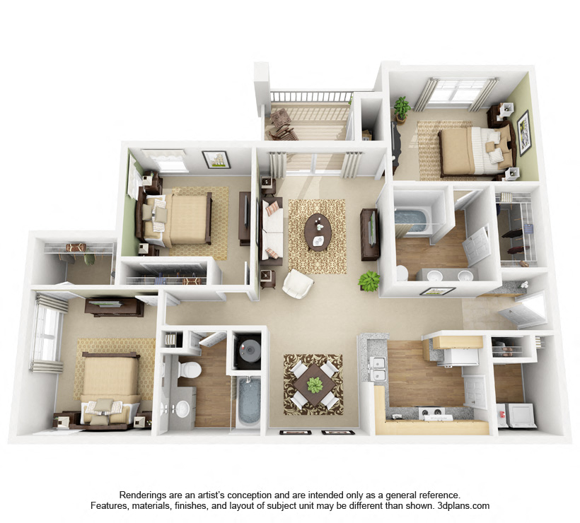 Floor plan for 3 beds, 2 baths, 1268 sqft