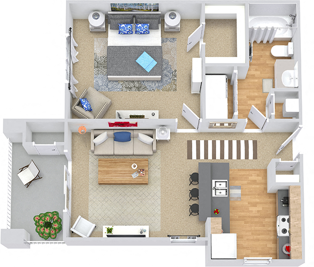 Floor plan for 1 bed, 1 bath, 627 sqft