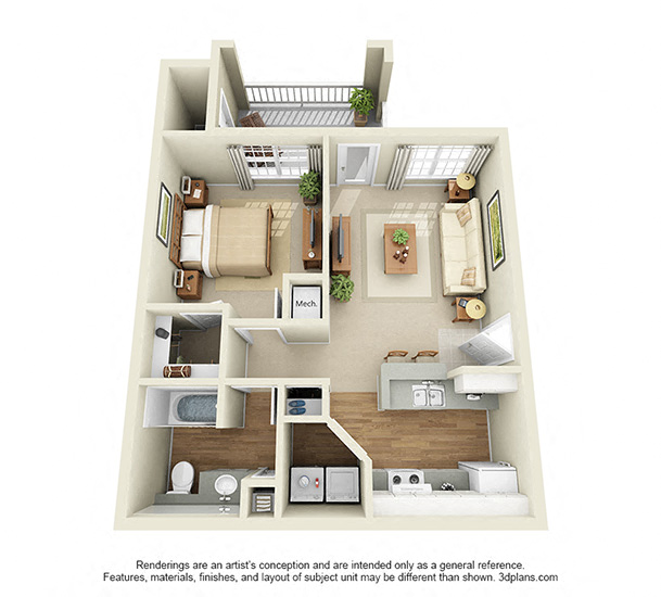 Floor plan for 1 bed, 1 bath, 772 sqft