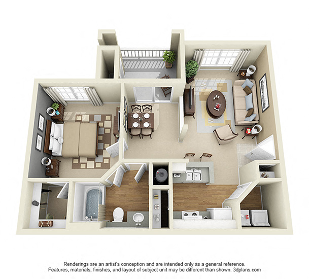 Floor plan for 1 bed, 1 bath, 833 sqft