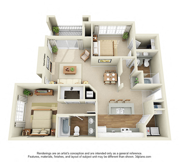 Floor plan for 2 beds, 2 baths, 1148 sqft