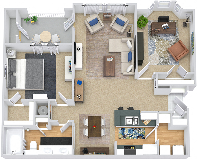 Floor plan for 2 beds, 1 bath, 1031 sqft
