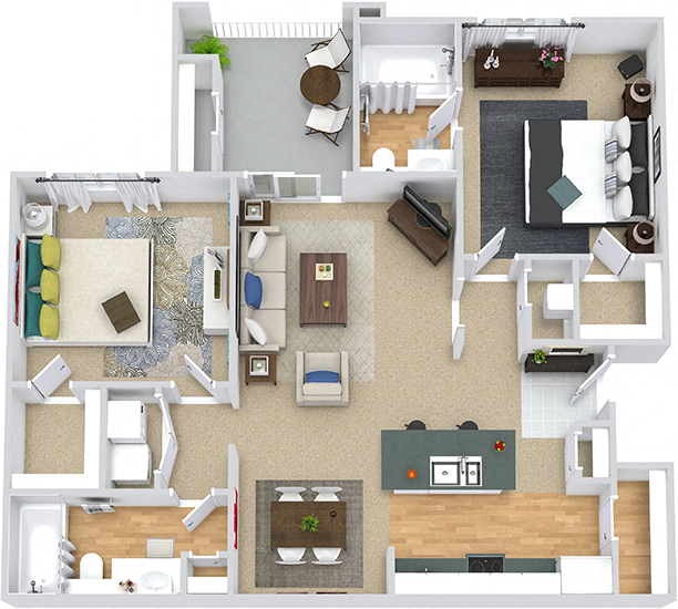 Floor plan for 2 beds, 2 baths, 1098 sqft