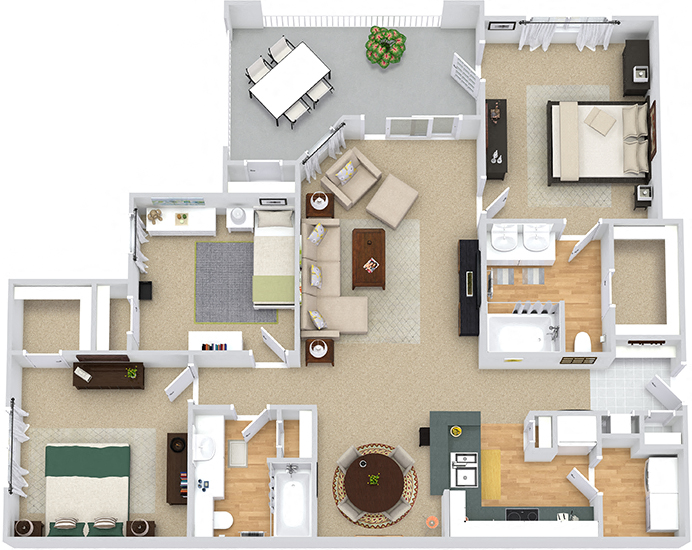 Floor plan for 3 beds, 2 baths, 1416 sqft