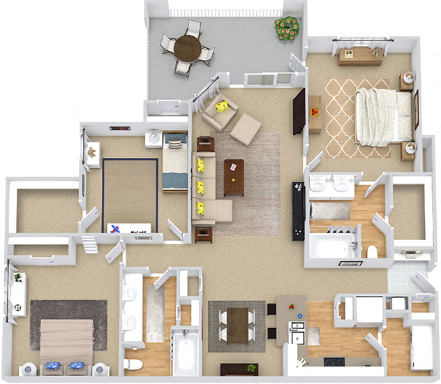 Floor plan for 3 beds, 2 baths, 1602 sqft