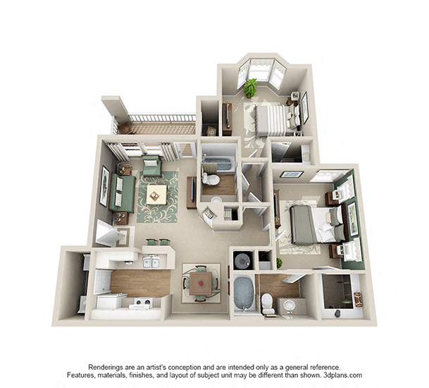 Floor plan for 2 beds, 2 baths, 963 sqft