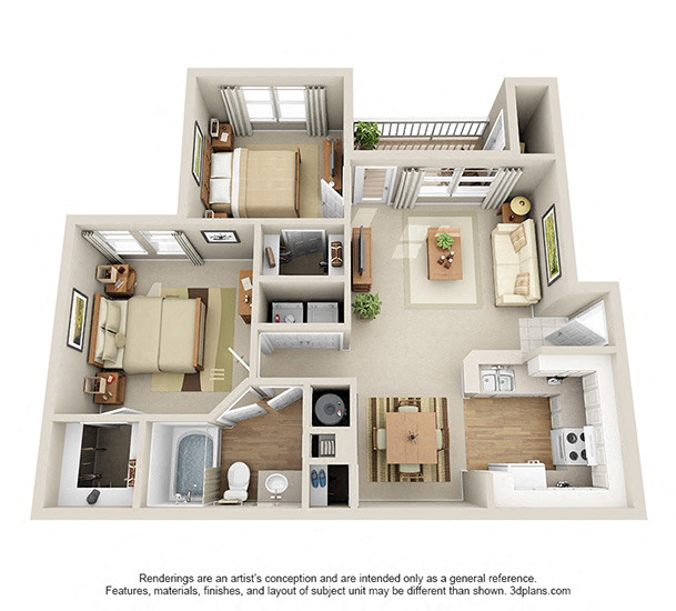 Floor plan for 2 beds, 1 bath, 864 sqft