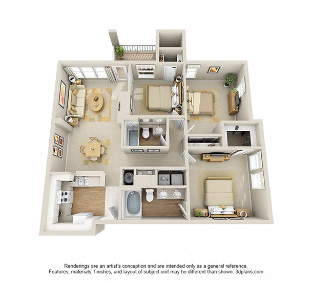 Floor plan for 3 beds, 2 baths, 1239 sqft