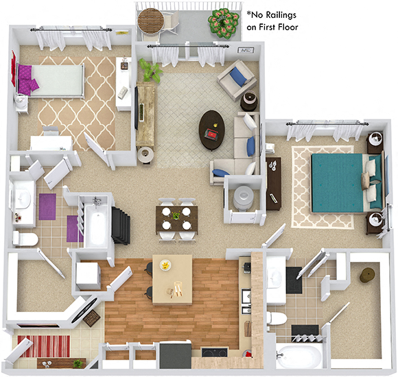 Floor plan for 2 beds, 2 baths, 1059 sqft