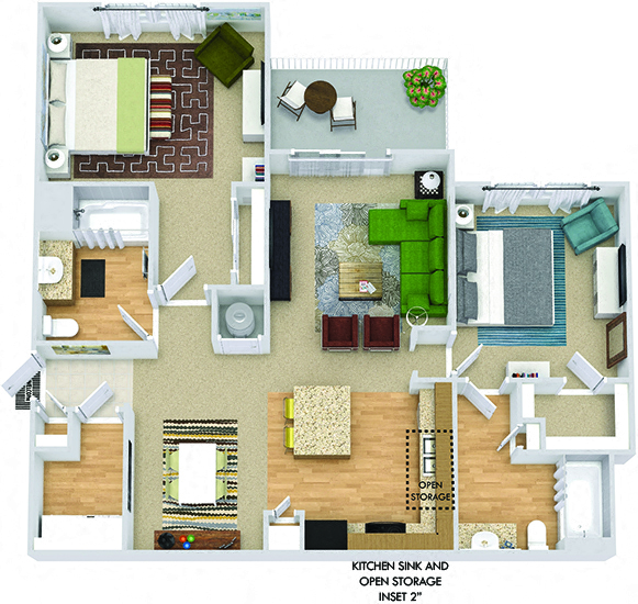 Floor plan for 2 beds, 2 baths, 1159 sqft