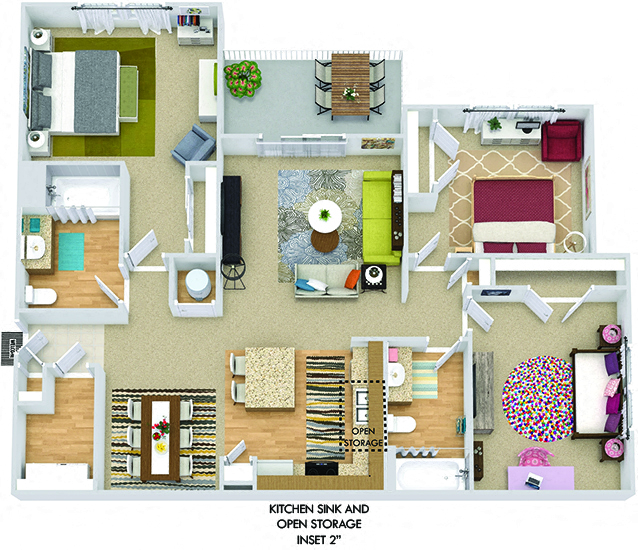 Floor plan for 3 beds, 2 baths, 1372 sqft