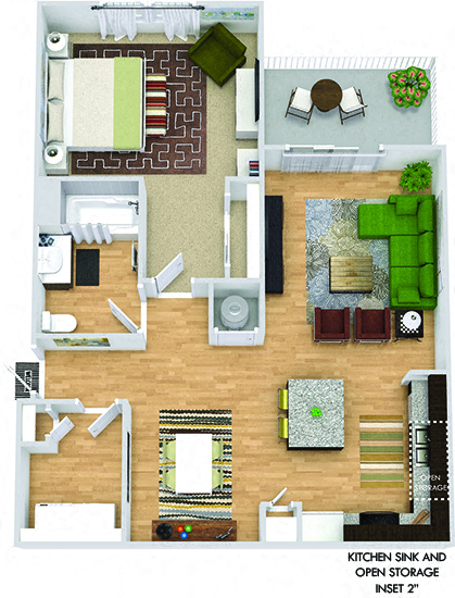 Floor plan for 1 bed, 1 bath, 885 sqft