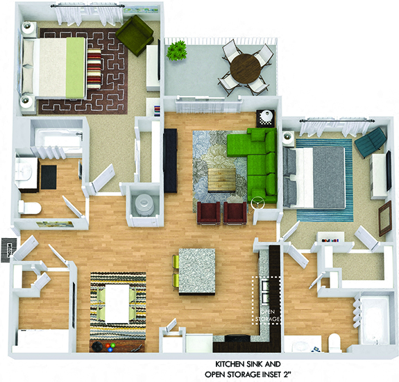 Floor plan for 2 beds, 2 baths, 1159 sqft
