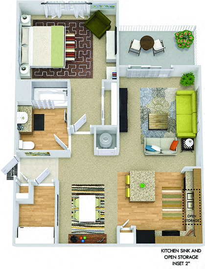 Floor plan for 1 bed, 1 bath, 885 sqft