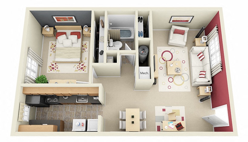 Floor plan for 1 bed, 1 bath, 754 sqft