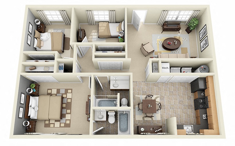Floor plan for 3 beds, 2 baths, 1200 sqft