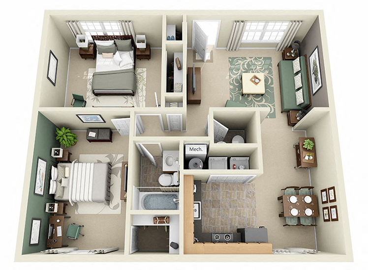 Floor plan for 2 beds, 1.5 baths, 936 sqft