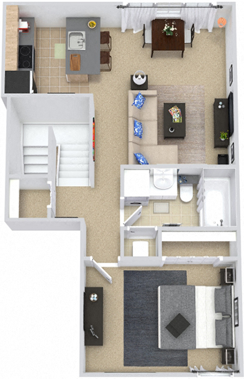 Floor plan for 1 bed, 1 bath, 638 sqft