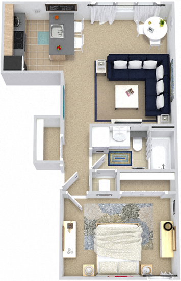 Floor plan for 1 bed, 1 bath, 638 sqft