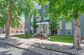 Denver apartment for rent - front view of an apartment building with trees and a sidewalk