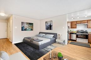 Denver apartment for rent - a bedroom with a bed and a kitchen with a sink