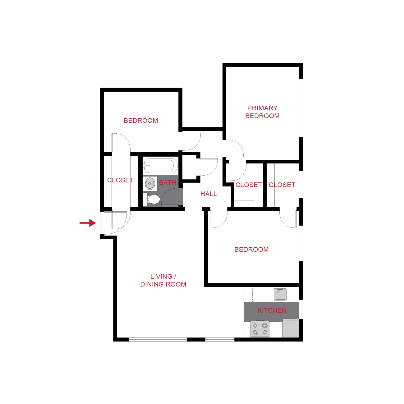 Floor plan for 2 beds, 1 bath, 830 sqft
