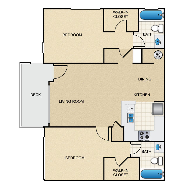 Floor plan for 2 beds, 2 baths, 836 sqft