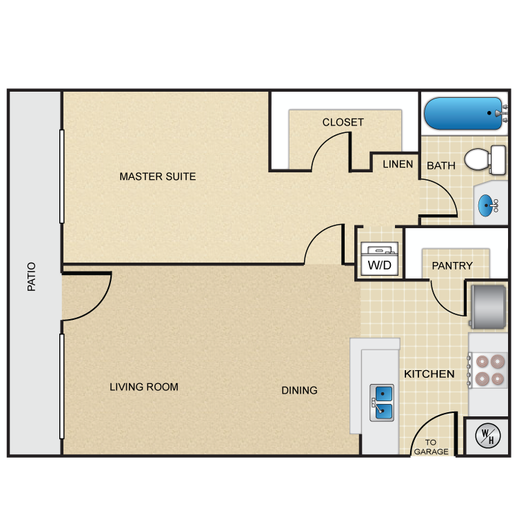 Floor plan for 1 bed, 1 bath, 624 sqft