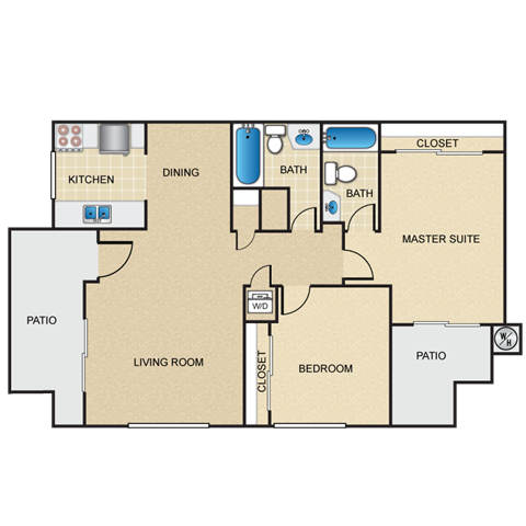 Floor plan for 2 beds, 2 baths, 919 sqft