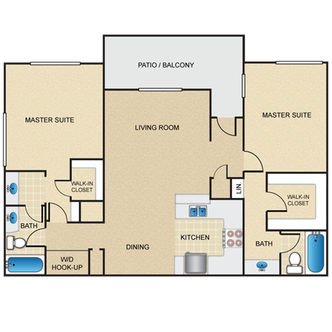 Floor plan for 2 beds, 2 baths, 1012 sqft