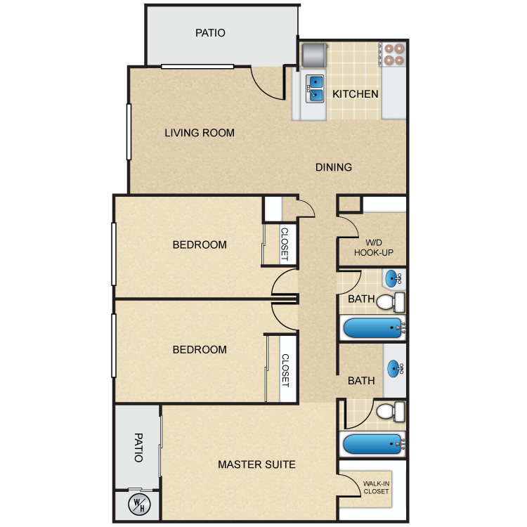 Floor plan for 3 beds, 2 baths, 1070 sqft