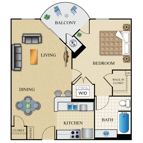 Floor plan for 1 bed, 1 bath, 698 sqft