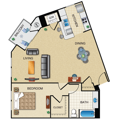Floor plan for 1 bed, 1 bath, 900 sqft