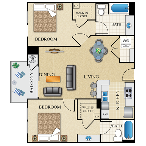 Floor plan for 2 beds, 2 baths, 946 sqft