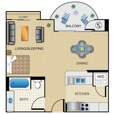 Floor plan for studio, 1 bath, 568 sqft