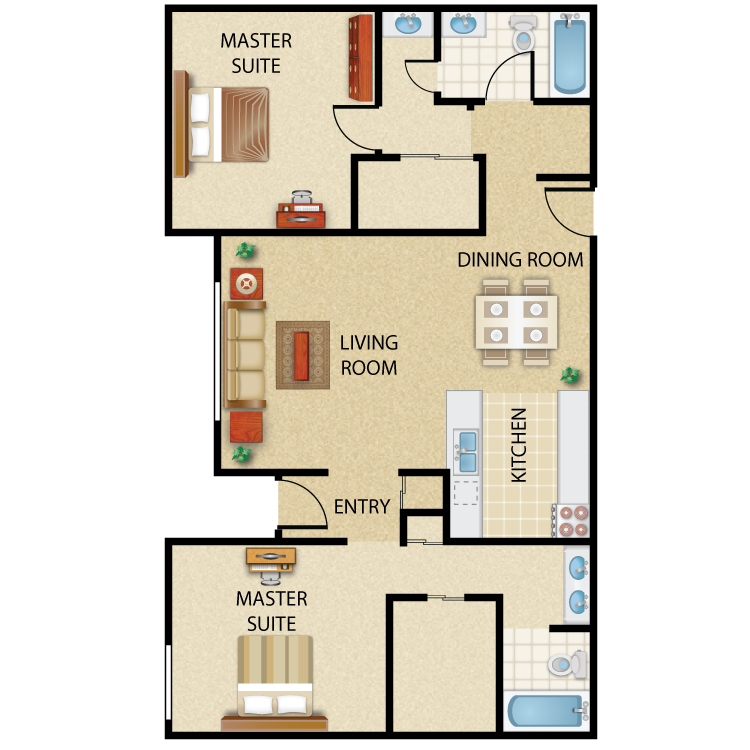Floor plan for 2 beds, 2 baths, 997 sqft