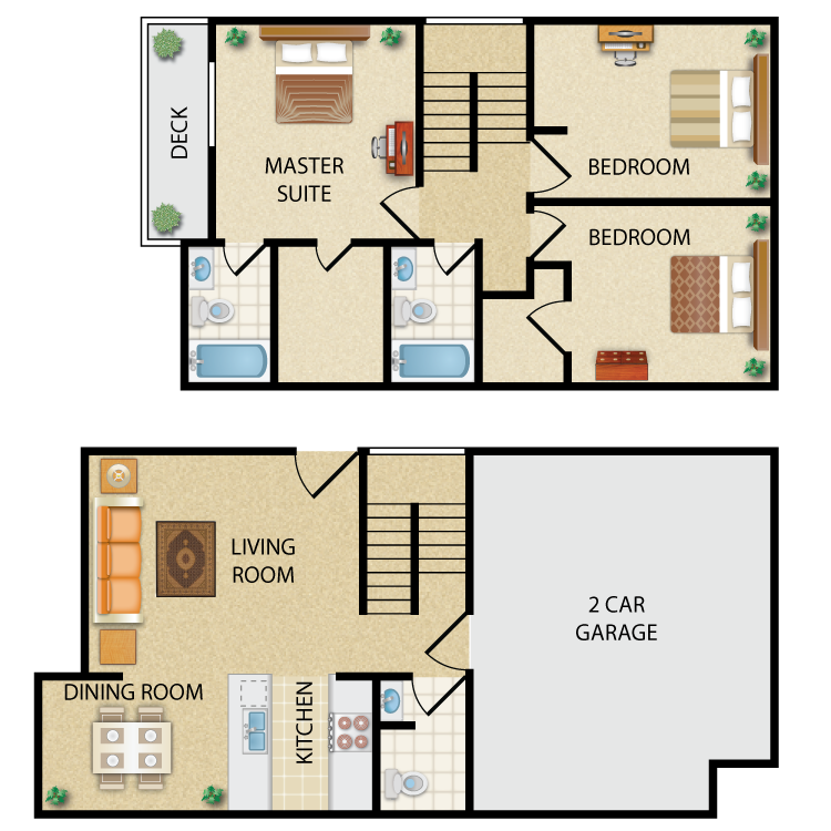 Floor plan for 3 beds, 2 baths, 1203 sqft