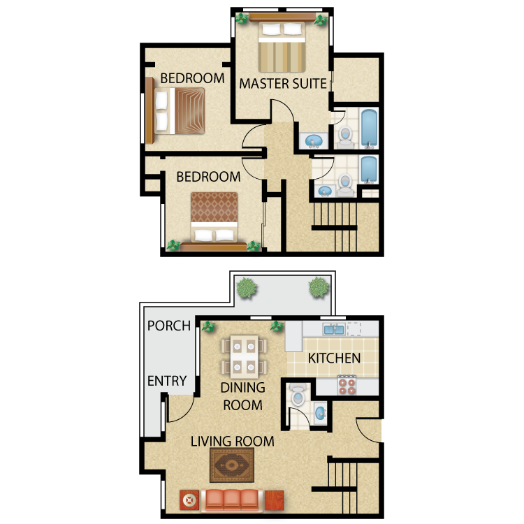 Floor plan for 3 beds, 2 baths, 1260 sqft