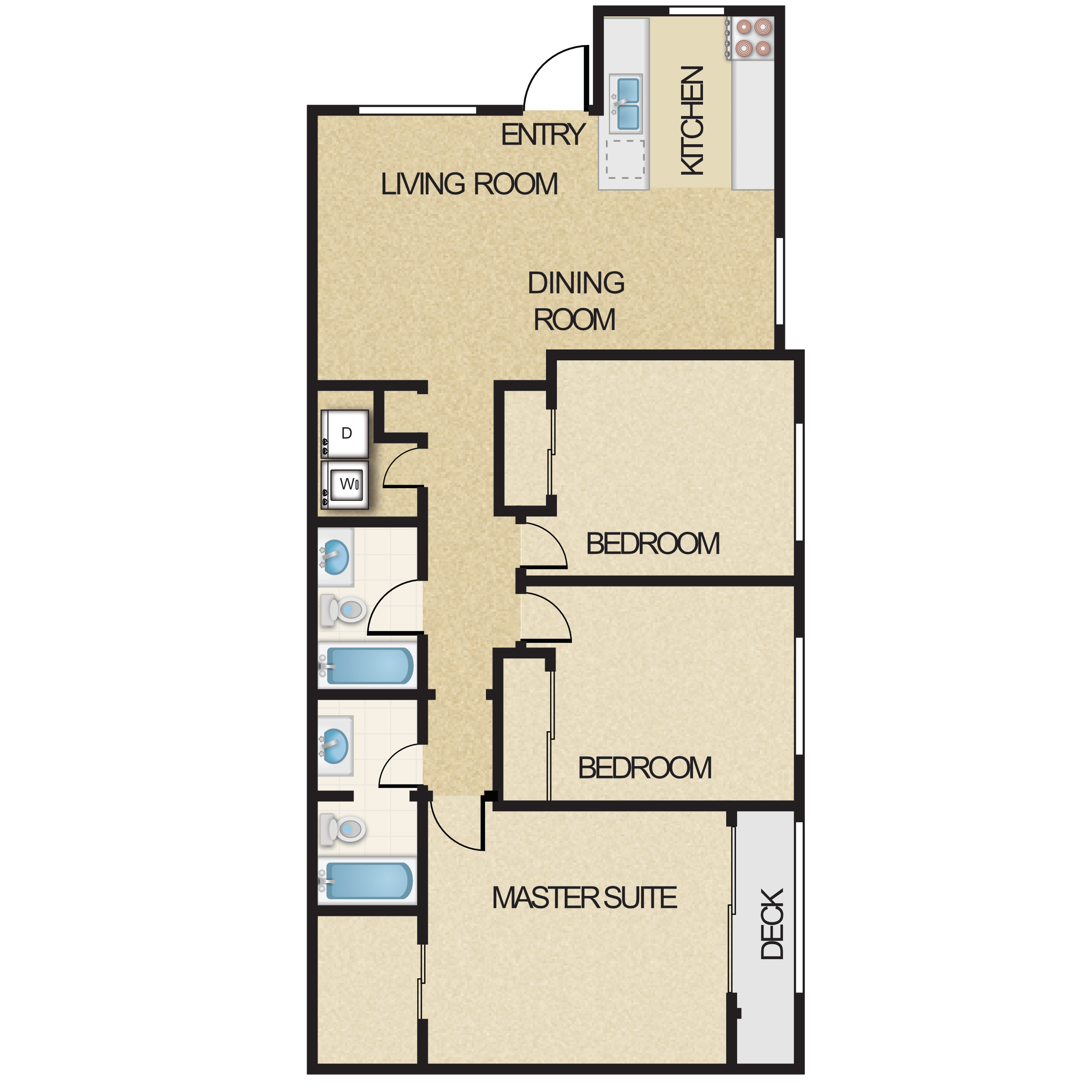 Floor plan for 3 beds, 2 baths, 1128 sqft
