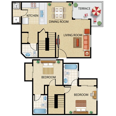 Floor plan for 2 beds, 2.5 baths, 1032 sqft