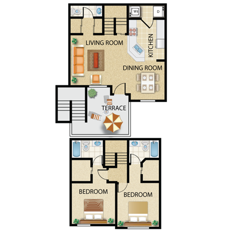 Floor plan for 2 beds, 2.5 baths, 1081 sqft