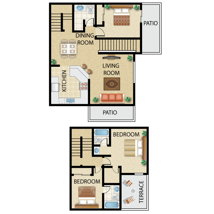 Floor plan for 3 beds, 2.5 baths, 1309 sqft