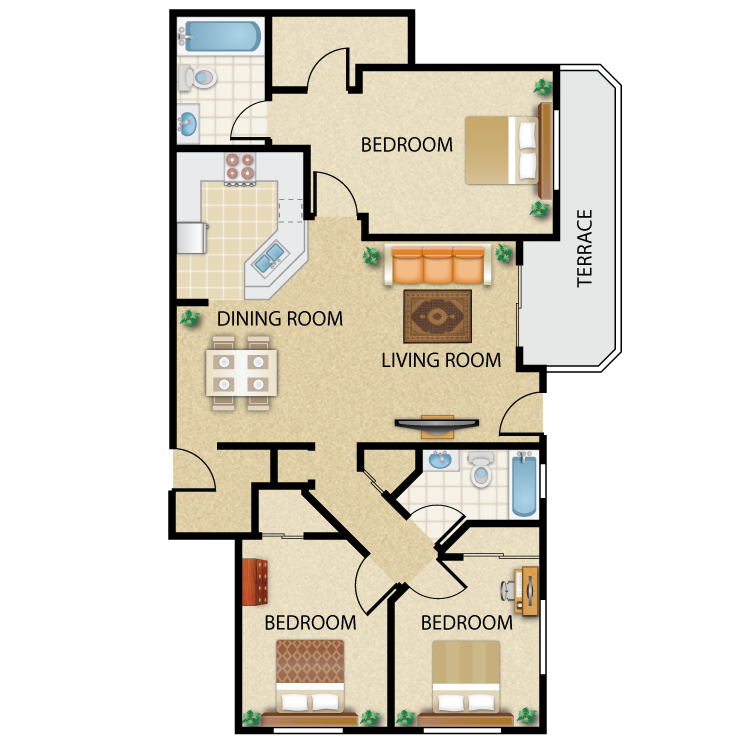 Floor plan for 3 beds, 2 baths, 1167 sqft