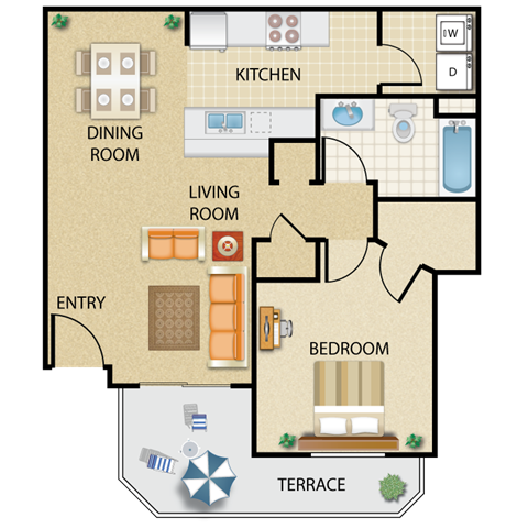 Floor plan for 1 bed, 1 bath, 734 sqft