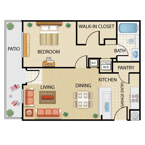 Floor plan for 1 bed, 1 bath, 704 sqft