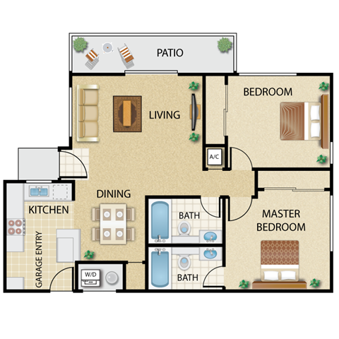 Floor plan for 2 beds, 2 baths, 1037 sqft